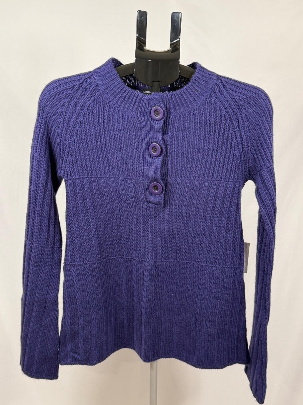Moda International Cobalt Blue Wool Blend Henley Sweater XS Y2K